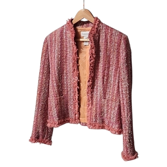 CHADWICKS VINTAGE Pink Boucle Tweed Crop Jacket 10 M Blazer Ribbon Fringe Shaggy - Picture 6 of 14